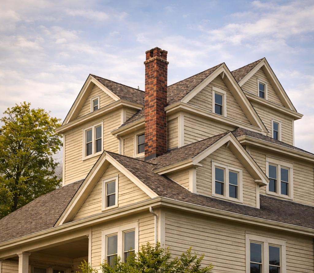 Traditional home with prominent brick chimney
