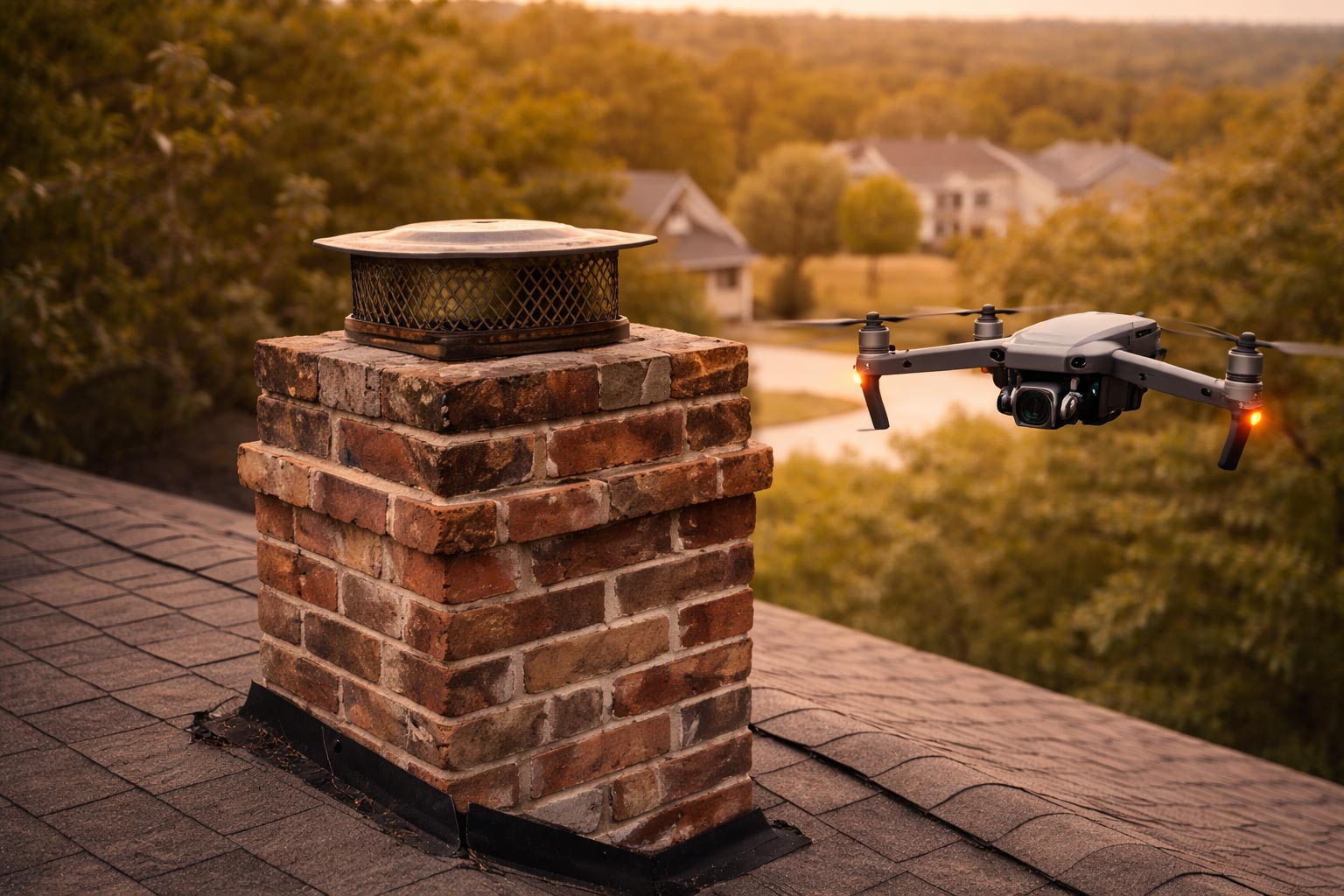 Drone inspecting a residential chimney