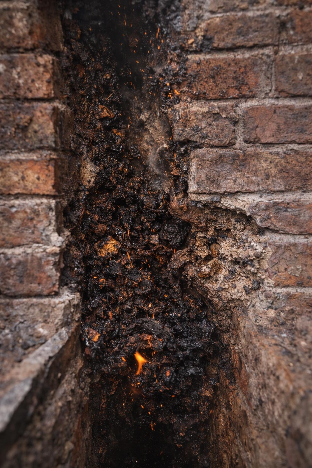 Damaged chimney liner and heavy creosote buildup inside a chimney flue