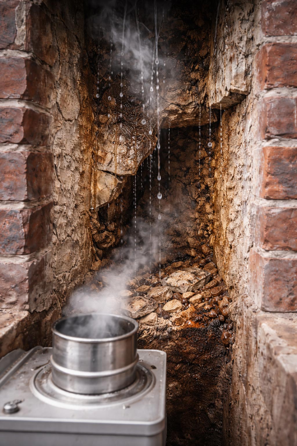 Gas appliance chimney flue showing moisture condensation and interior damage