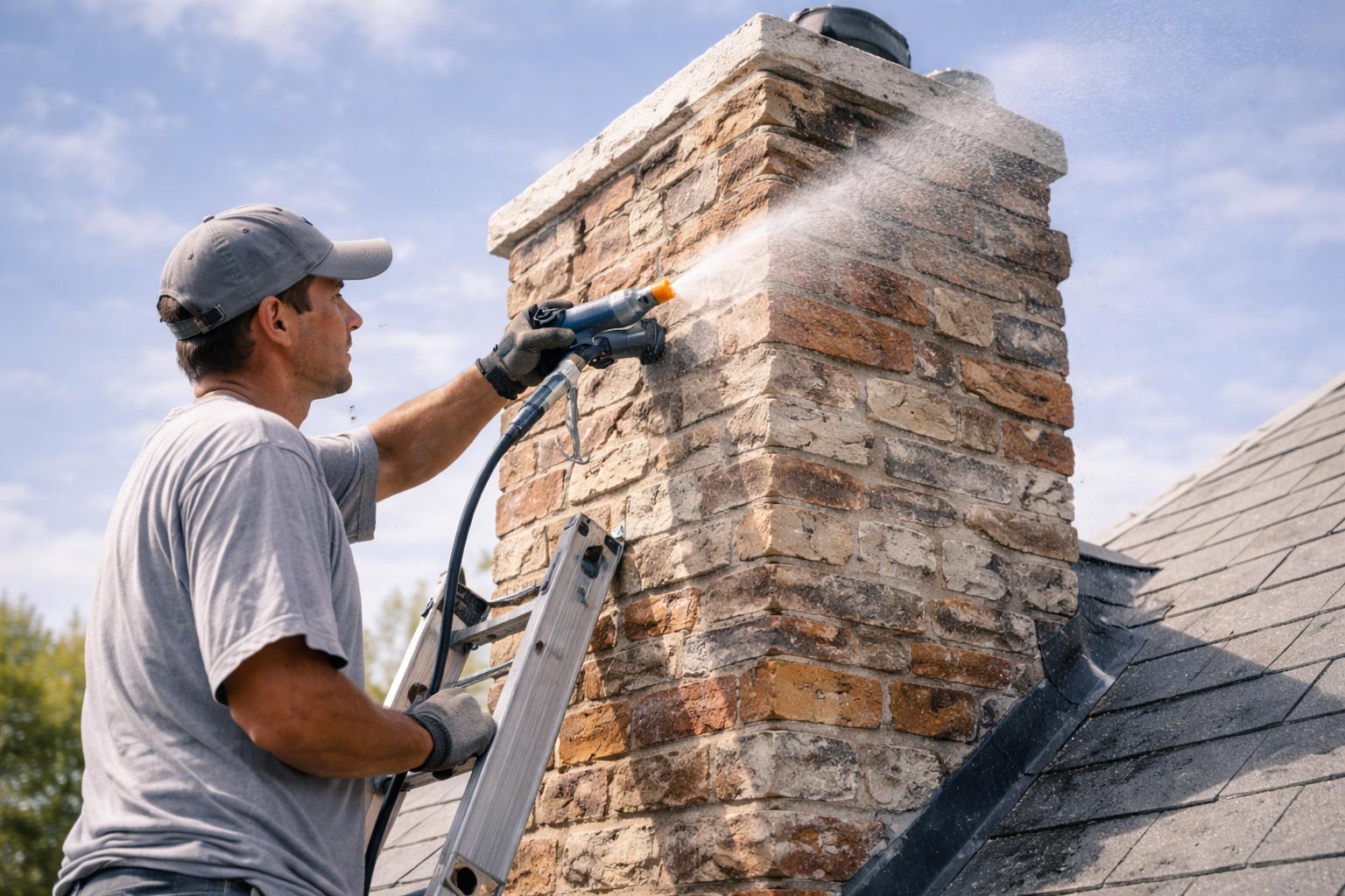 Technician applying waterproofing treatment to chimney
