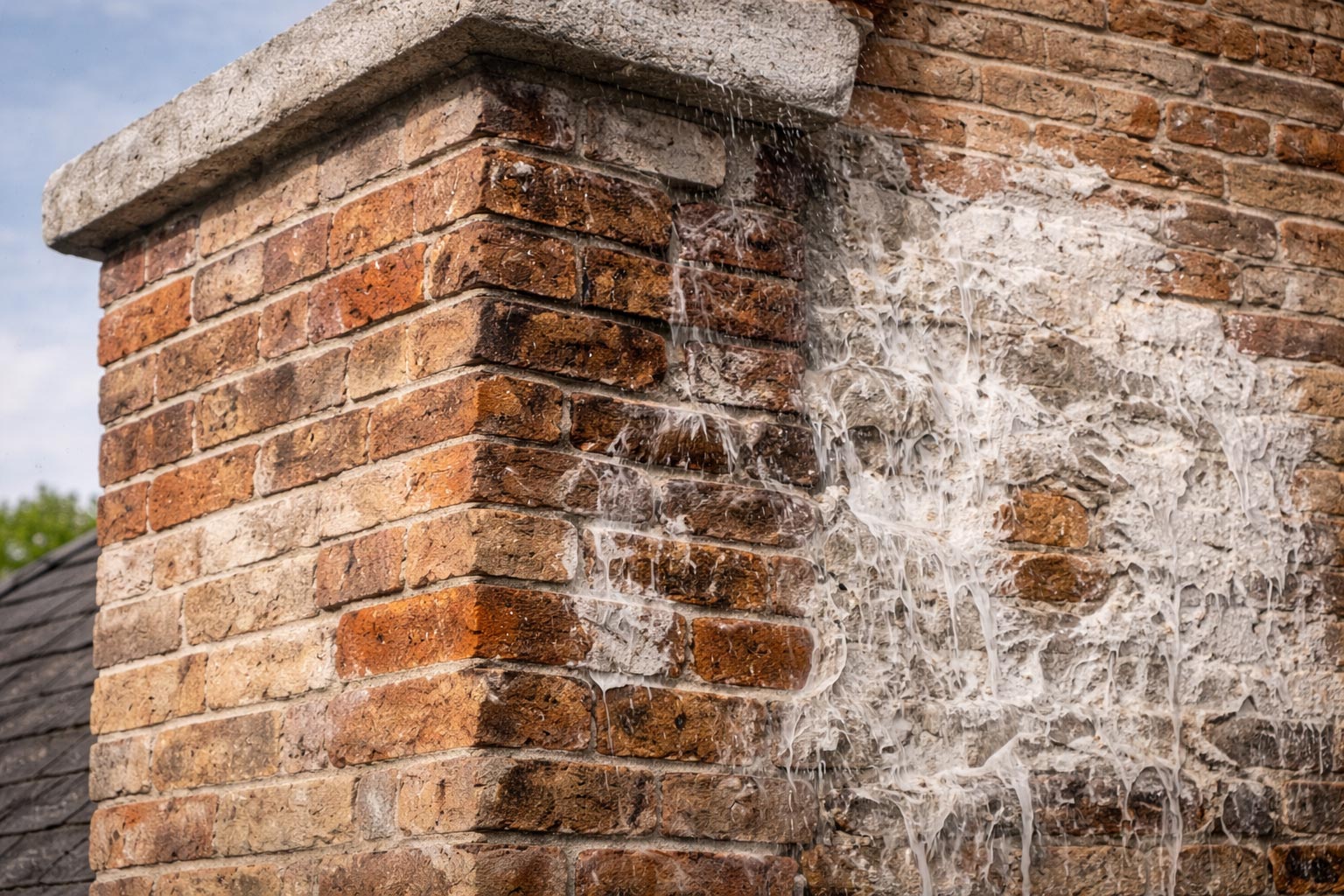 Brick chimney showing water damage and staining
