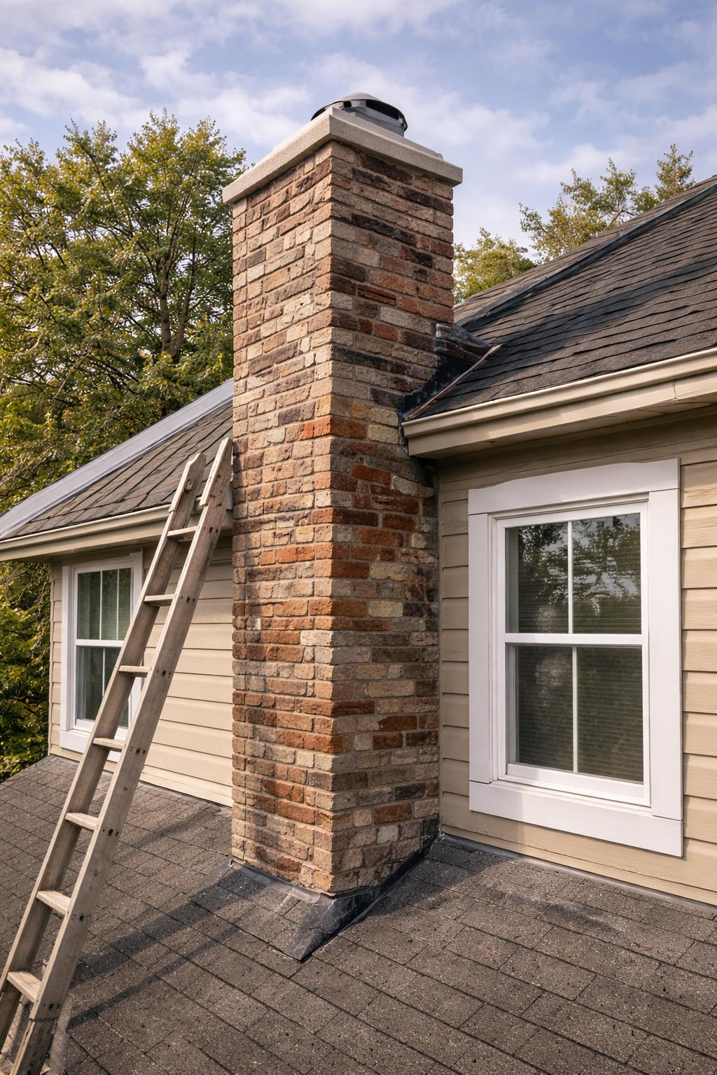 Chimney on home exterior after masonry protection work