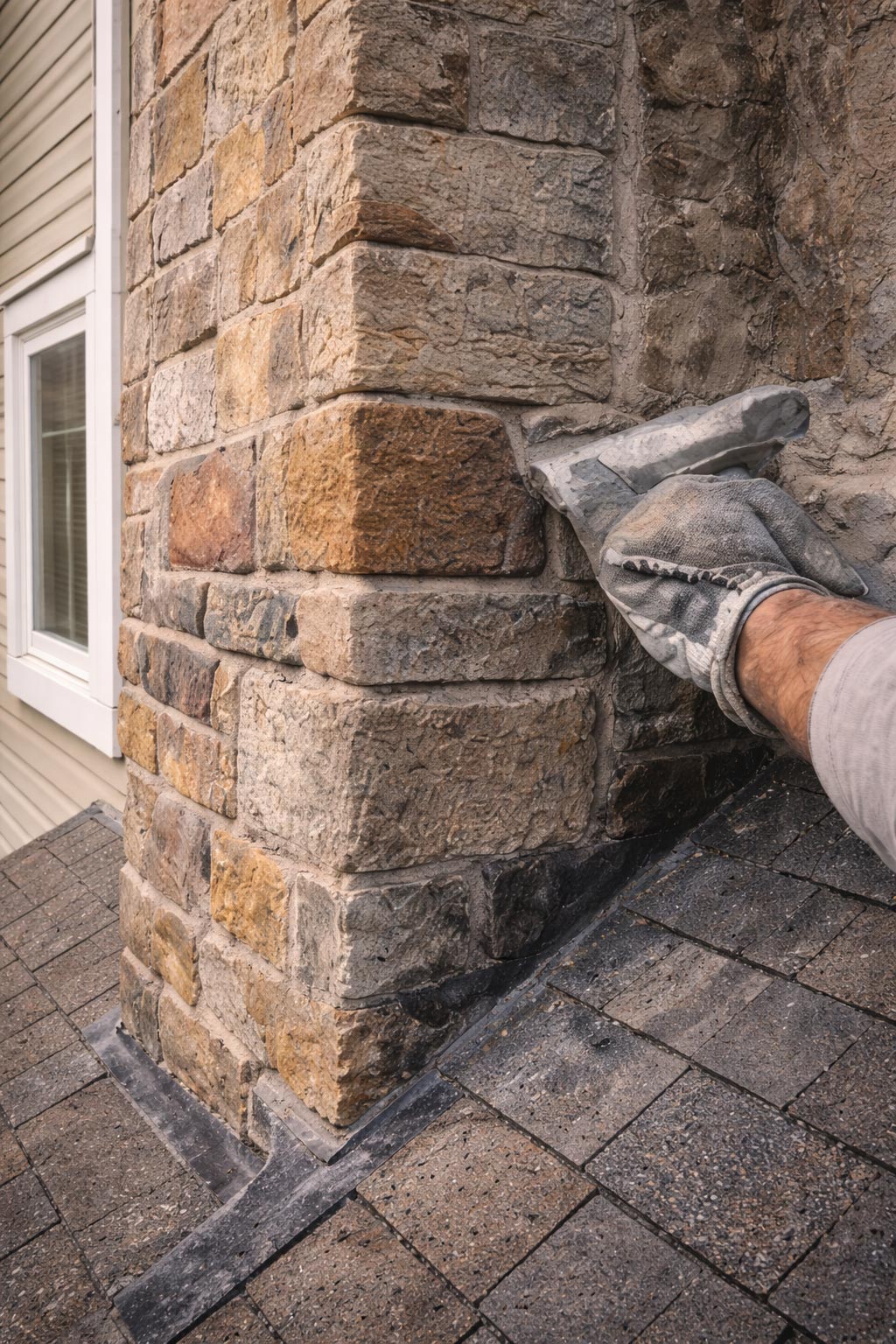 Close-up of masonry chimney repair and sealing detail